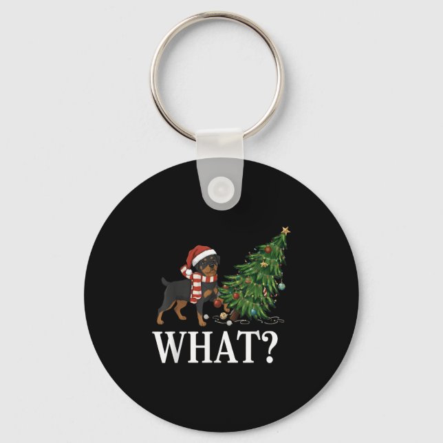 Funny Xmas Rottweiler Pushing Christmas Tree Over  Keychain (Front)
