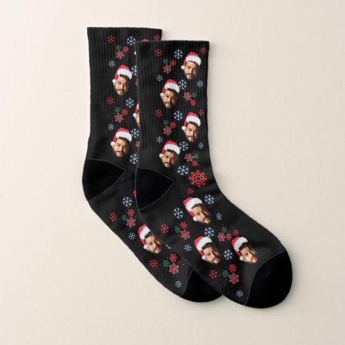 Funny Xmas Santa Face Photo  Snowflake Festive Socks