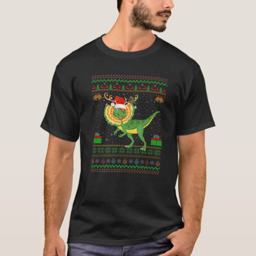 Funny Xmas Santa Hat Ugly Dilophosaurus Dinosaurs T_Shirt