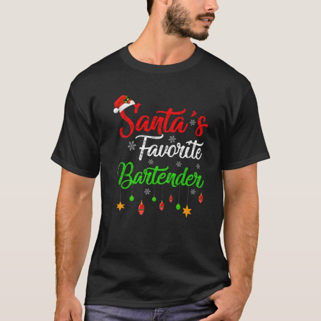Funny Xmas Santa's Favorite Bartender Christmas T-Shirt (Front)