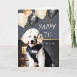 Funny Yappy 70th Birthday White Poodle in Leather Holiday Card