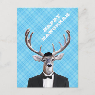 Funny Yarmulke Happy Hanukkah Deer Blue Plaid Holiday Postcard