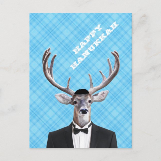 Funny Yarmulke Happy Hanukkah Deer Blue Plaid Holiday Postcard (Front)