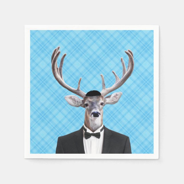 Funny Yarmulke Happy Hanukkah Deer Blue Plaid Napkins (Front)