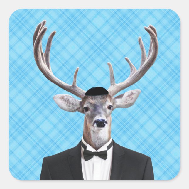 Funny Yarmulke Happy Hanukkah Deer Blue Plaid Square Sticker (Front)
