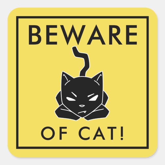 Funny Yellow Beware of Cat Sign Square Sticker (Front)