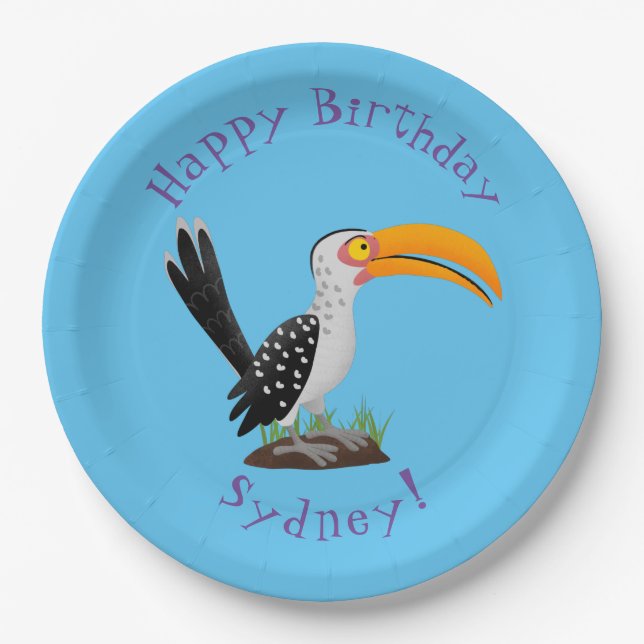 Funny yellow billed hornbill personalised birthday paper plates (Front)