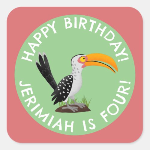 Funny yellow billed hornbill personalised birthday square sticker