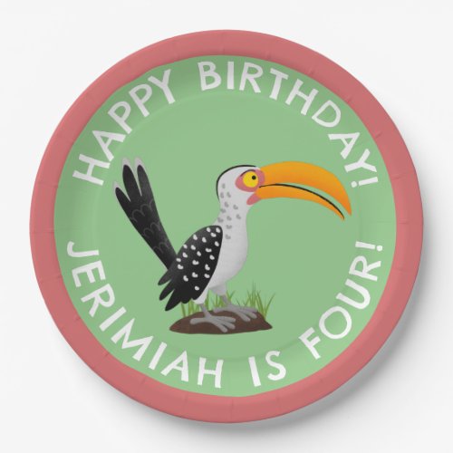 Funny yellow billed hornbill personalized birthday paper plates