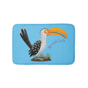 Funny yellow billed hornbill safari bird cartoon bath mat