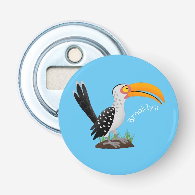 Funny yellow billed hornbill safari bird cartoon bottle opener (Front)