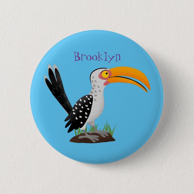 Funny yellow billed hornbill safari bird cartoon button (Front)