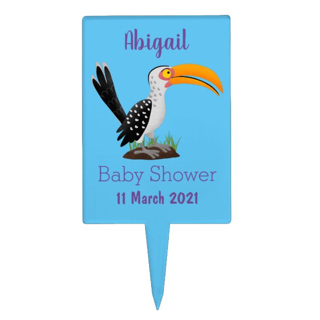Funny yellow billed hornbill safari bird cartoon cake topper (Front)