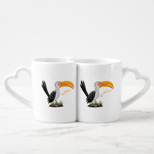 Funny yellow billed hornbill safari bird cartoon coffee mug set