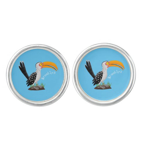 Funny yellow billed hornbill safari bird cartoon cufflinks