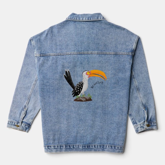 Funny yellow billed hornbill safari bird cartoon  denim jacket (Back)