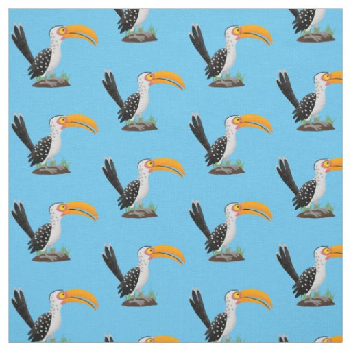 Funny yellow billed hornbill safari bird cartoon fabric