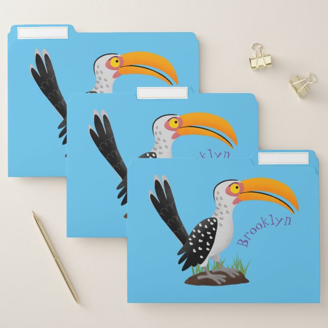Funny yellow billed hornbill safari bird cartoon file folder (Set)