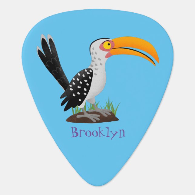 Funny yellow billed hornbill safari bird cartoon guitar pick (Front)