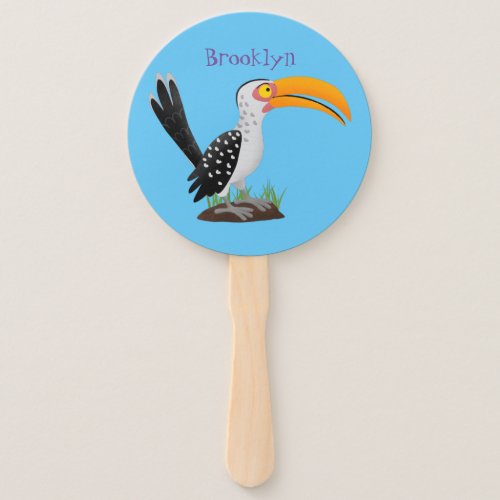 Funny yellow billed hornbill safari bird cartoon hand fan