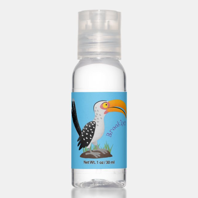 Funny yellow billed hornbill safari bird cartoon hand sanitizer (Front)