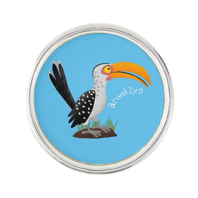 Funny yellow billed hornbill safari bird cartoon lapel pin (Front)