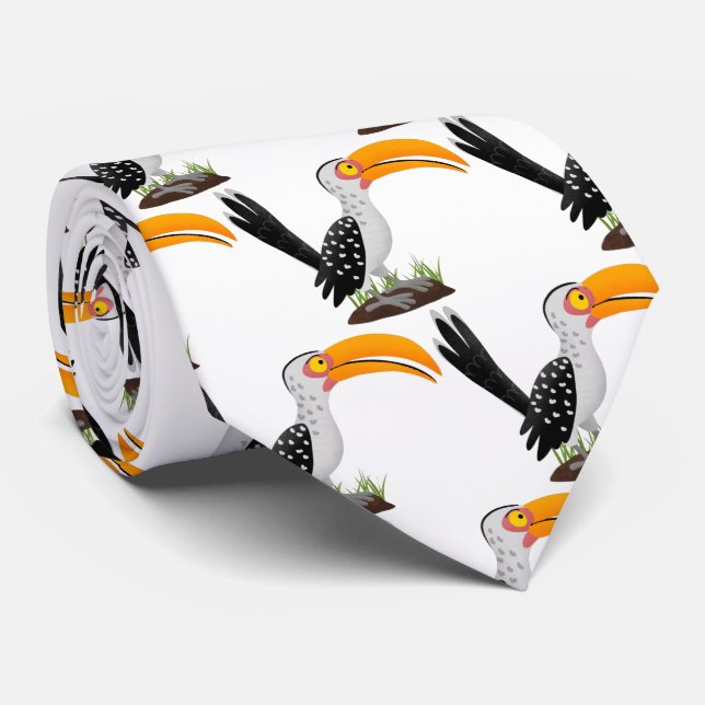 Funny yellow billed hornbill safari bird cartoon neck tie (Rolled)