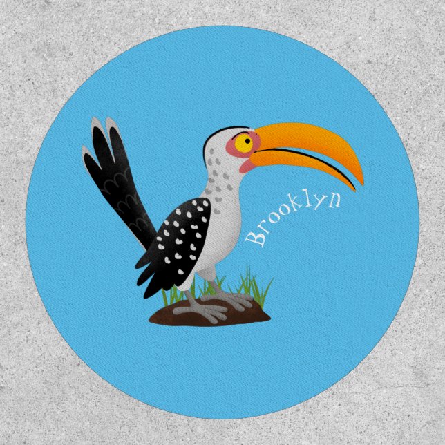 Funny yellow billed hornbill safari bird cartoon patch (Front)