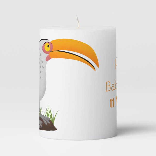 Funny yellow billed hornbill safari bird cartoon pillar candle (Front)
