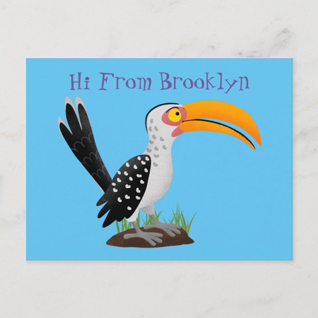 Funny yellow billed hornbill safari bird cartoon postcard (Front)