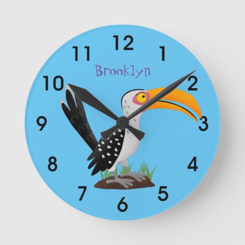 Funny yellow billed hornbill safari bird cartoon r round clock