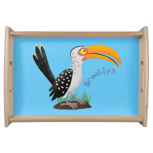 Funny yellow billed hornbill safari bird cartoon serving tray