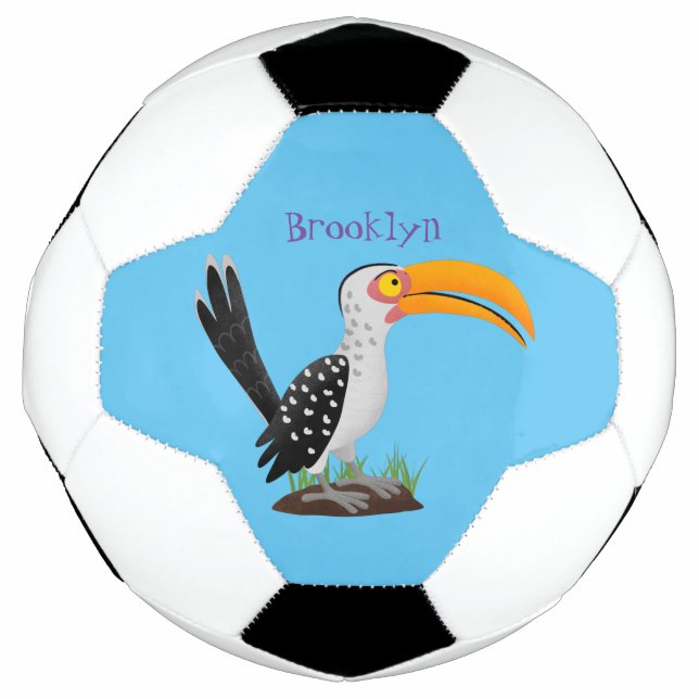 Funny yellow billed hornbill safari bird cartoon soccer ball (Front)