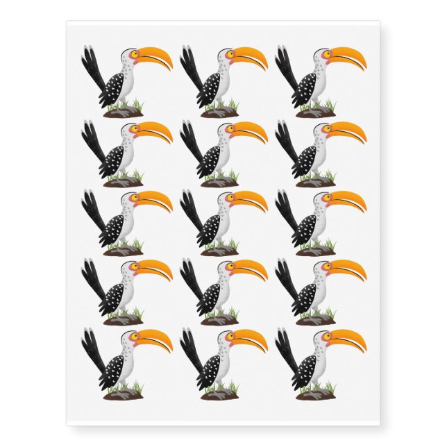 Funny yellow billed hornbill safari bird cartoon temporary tattoos (Front)