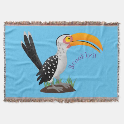 Funny yellow billed hornbill safari bird cartoon throw blanket