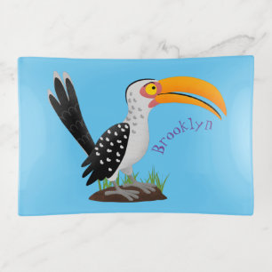 Funny yellow billed hornbill safari bird cartoon trinket tray