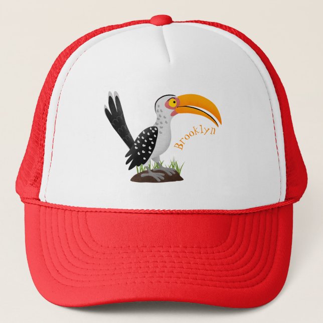Funny yellow billed hornbill safari bird cartoon trucker hat (Front)