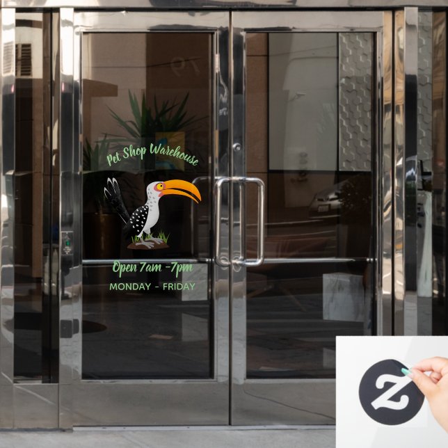 Funny yellow billed hornbill safari bird cartoon window cling (Office Door)