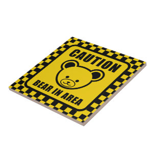 Funny Yellow Black Teddy Bear Warning Sign Art Ceramic Tile