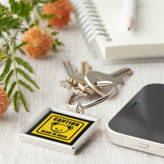 Funny Yellow Black Teddy Bear Warning Sign Art Keychain