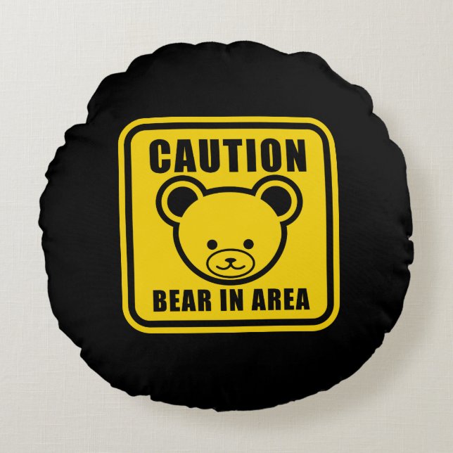 Funny Yellow Black Teddy Bear Warning Sign Art Round Pillow (Front)