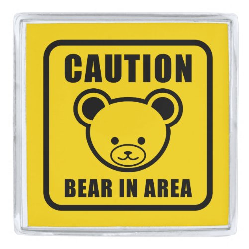 Funny Yellow Black Teddy Bear Warning Sign Art Silver Finish Lapel Pin