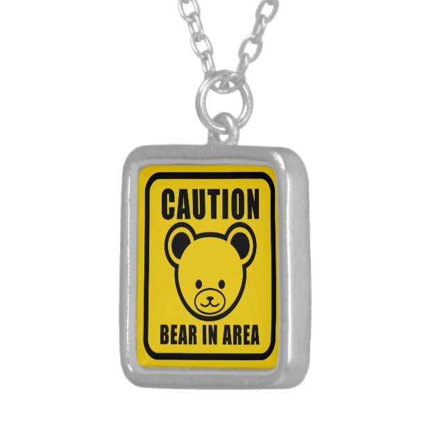 Funny Yellow Black Teddy Bear Warning Sign Art Silver Plated Necklace (Front Right)