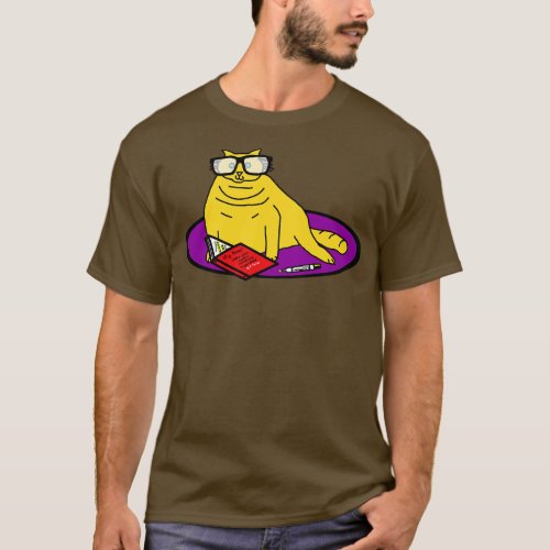 Funny Yellow Chonk Cat Wearing Glasses Reads Book T_Shirt