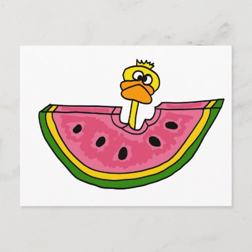 Funny Yellow Duck Eating Watermelon Postcard