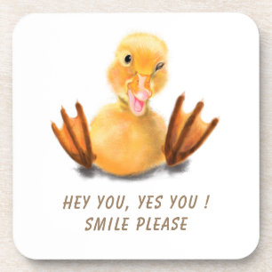 Funny Yellow Duck Playful Wink Happy Smile Cartoon Beverage Coaster