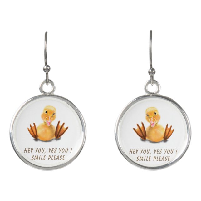 Funny Yellow Duck Playful Wink Happy Smile Cartoon Earrings (Front)