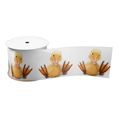 Funny Yellow Duck Playful Wink Happy Smile Cartoon Satin Ribbon