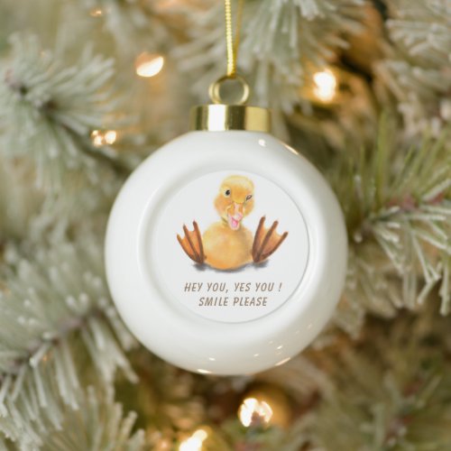 Funny Yellow Duck Playful Wink Smile _ Custom Text Ceramic Ball Christmas Ornament