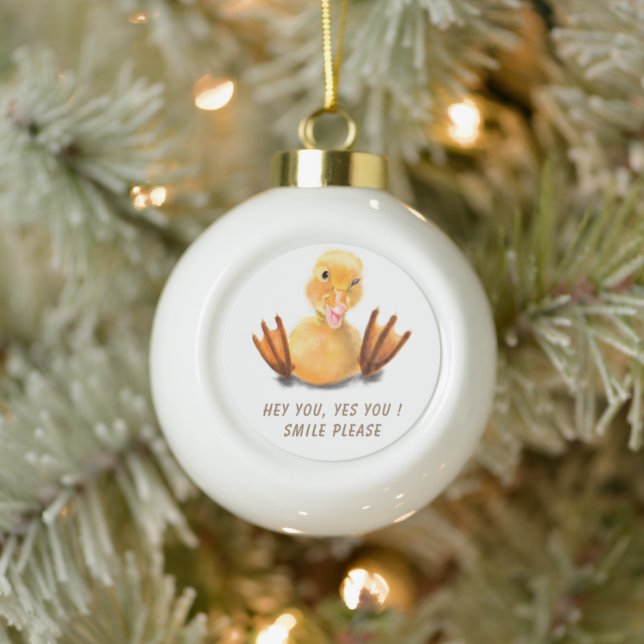 Funny Yellow Duck Playful Wink Smile - Custom Text Ceramic Ball Christmas Ornament (Tree)